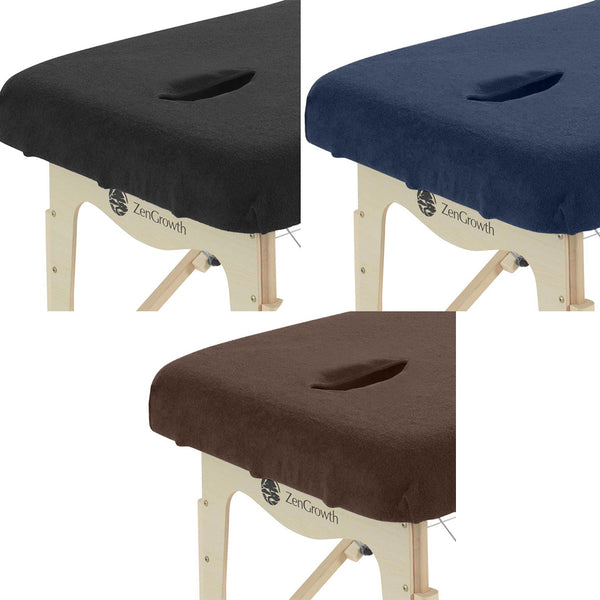 B-Ware Set Frottee Spannbettlaken Massageliege mit Ausschnitt Weiß + Hellbraun + Schokobraun + Hellblau