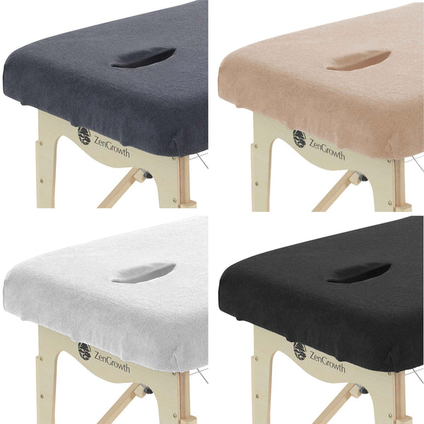 B-Ware Set Frottee Spannbettlaken Massageliege mit Ausschnitt Weiß + Hellbraun + Schokobraun + Hellblau