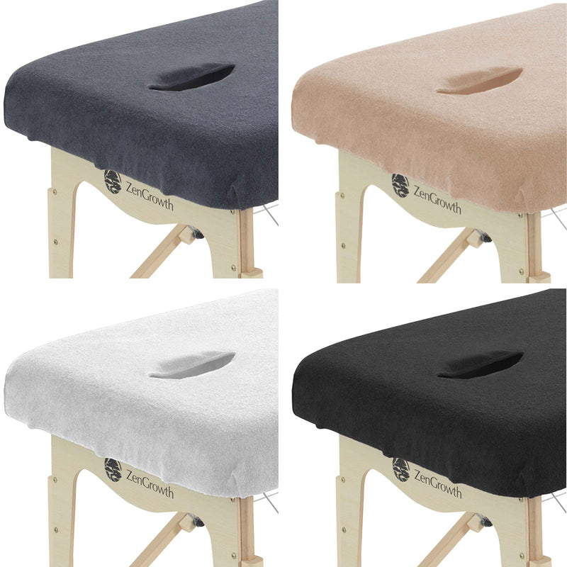 B-Ware Set Frottee Spannbettlaken Massageliege mit Ausschnitt Weiß + Hellbraun + Schokobraun + Hellblau