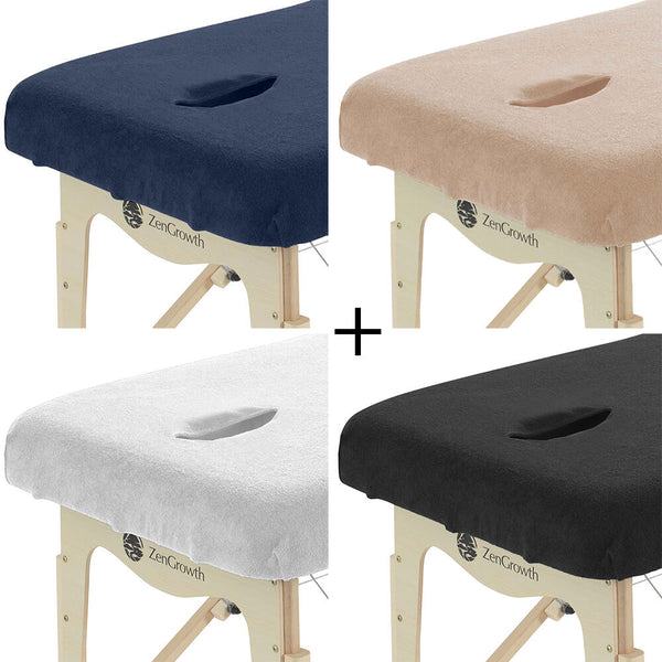 B-Ware Set Frottee Spannbettlaken Massageliege mit Ausschnitt Weiß + Hellbraun + Schokobraun + Hellblau